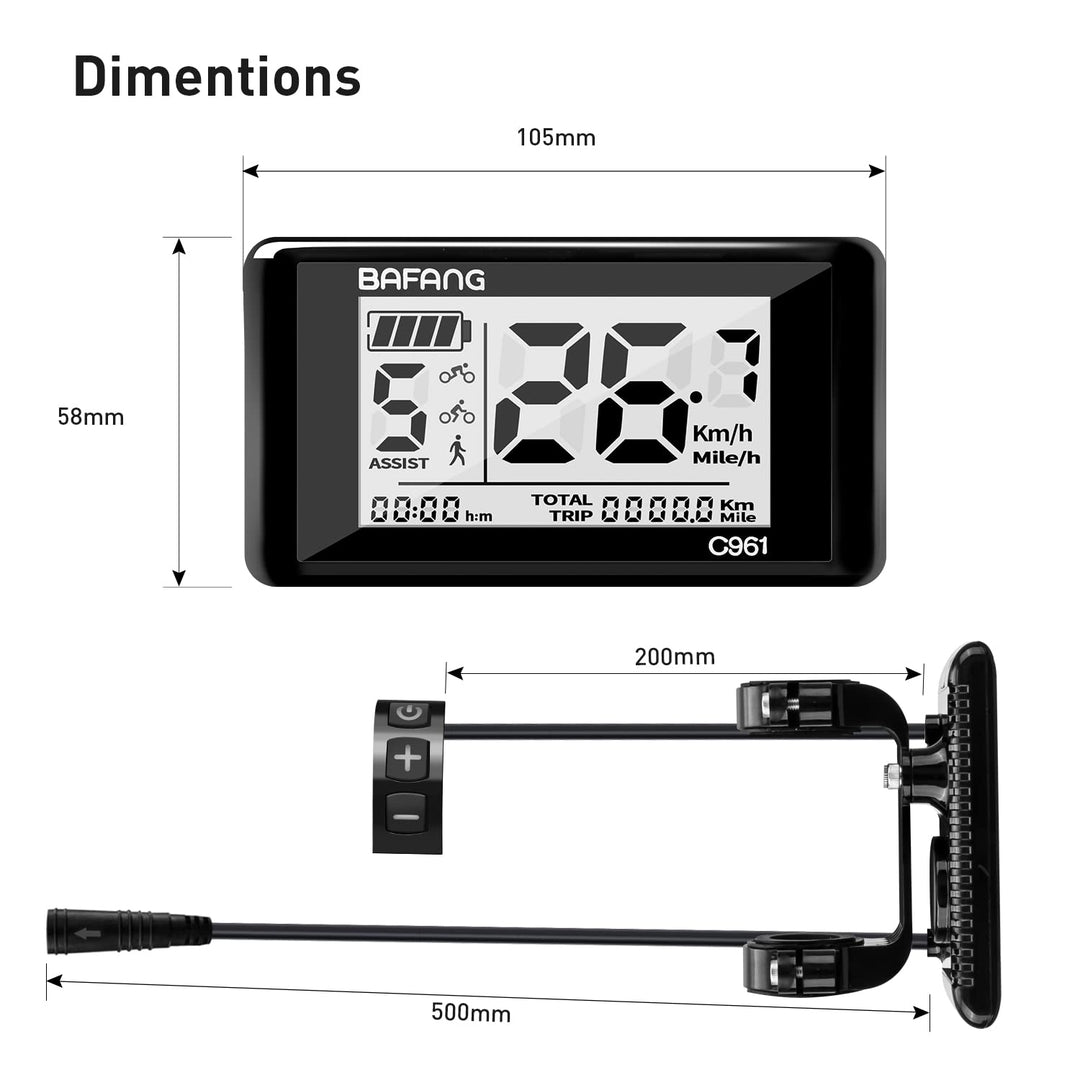 Ebike LCD Display C961 for Bafang BBS Mid-Drive Motors, Supports UART Protocol