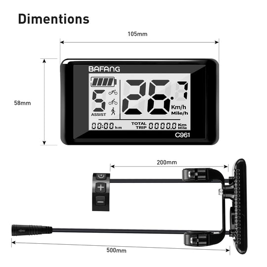Ebike LCD Display C961 for Bafang BBS Mid-Drive Motors, Supports UART Protocol
